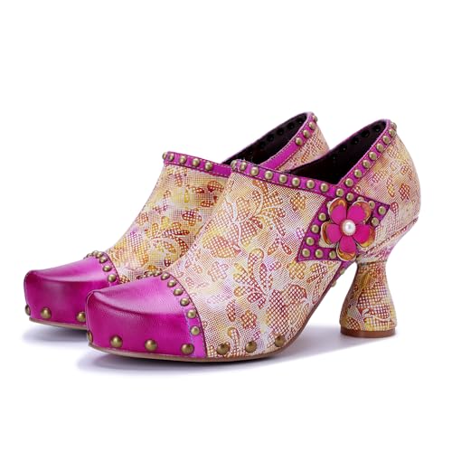 Damen Pumps mit Knalligen Farben Patchwork-Design –Stilvolle Chunky Heels mit Nieten aus Leder Stoff (Pink, Erwachsene, Damen, 41, Numerisch, EU Schuhgrößensystem, M) von CrazycatZ