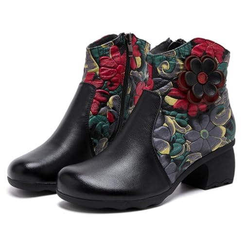 Damen Stiefeletten aus Leder, Blockabsatz, Blumenmuster, Reißverschluss, Schwarz und Braun (Black, Erwachsene, Damen, 40, Numerisch, EU Schuhgrößensystem, M) von CrazycatZ