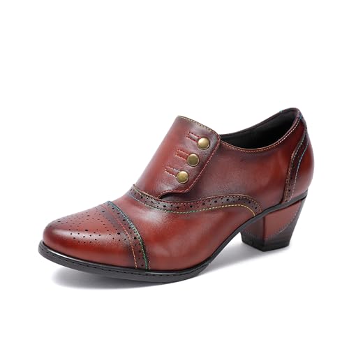 Vintage Damen Oxford Pumps aus Leder, Brogue-Design, 5cm Absatz, Knopfverschluss (Brown, Erwachsene, Damen, 41, Numerisch, EU Schuhgrößensystem, M) von CrazycatZ