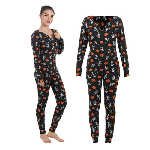 Crazycos Halloween Damen Schlafanzug Lustige Totenkopf Kürbisse Bequemer Unisex Schlafanzug mit Button Design, ideal für Familienfeiern und Feiertage-XL Crazycos Halloween Damen Schlafanzug Lustige Totenkopf Kürbisse Bequemer Unisex Schlafanzug mit Button Design, ideal für Familienfeiern und Feiertage-XL von Crazycos