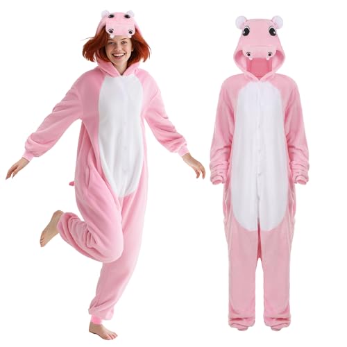 Crazycos Pig Onesie Pyjamas Damen Herren Jumpsuit Onesie Tier Fasching Schwein Tier Kostüm Für Cartoon Pyjamapartys-M von Crazycos