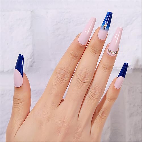 24 Stück Diamant Blue French Fake Nail Long Ballerina Press on Nails Tips for Frauen and Girls Nail Art Manicure Decoratio von Crazynekos