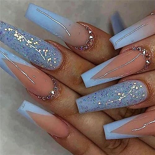 24 Stück Dreieck Blau French Fake Nail Long Coffin Press on Nails Tips für Frauen und Mädchen Nail Art Maniküre Dekoration von Crazynekos