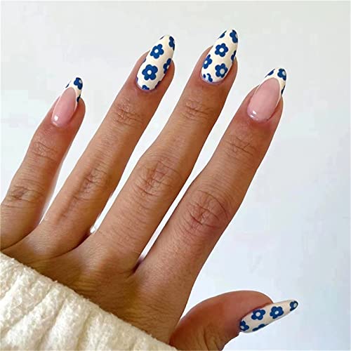 24 Stück French Blue Flowers Fake Nail Art Mandel Kurz Drücken Nägel für Frauen und Mädchen Nail Art Maniküre Dekoration von Crazynekos