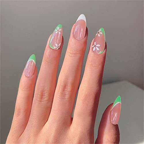 24 Stück French Green White Flowers Fake Nail Full Cover Mandel Short Press on Nails with Glue for Women and Girls Nail Art Manicure Dekoration von Crazynekos