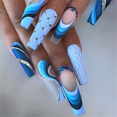 24 Stück French Rainbow Blue Fake Nail Coffin Long Press on Nails for Frauen and Mädchen Nail Art Manicure Dekoration von Crazynekos