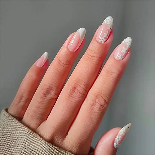 24 Stück French White Flowers Fake Nail Full Cover Mandel Short Press on Nails with Glue for Women and Girls Nail Art Manicure Dekoration von Crazynekos