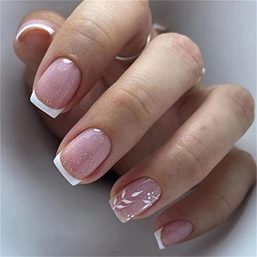 24 Stück French White Leafs Fake Nail Full Cover Square Short Press on Nails with Glue for Women and Girls Nail Art Manicure Decoration von Crazynekos