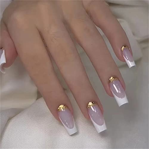 24 Stück French White Sparkly Fake Nail Full Cover Coffin Long Press on Nails with Glue for Women and Girls Nail Art Manicure Dekoration von Crazynekos