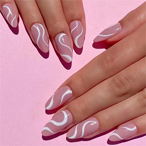 24 Stück French White Waves Fake Nail Full Cover Mandel Short Press on Nails with Glue for Women and Girls Nail Art Manicure Dekoration von Crazynekos