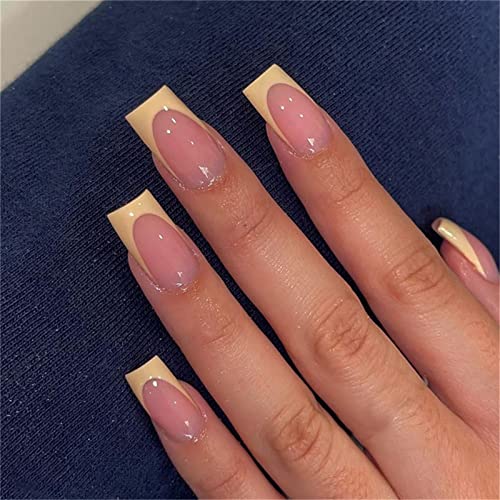 24 Stück French Yellow Fake Nail Full Cover Square Short Press on Nails with Glue for Women and Girls Nail Art Manicure Dekoration von Crazynekos