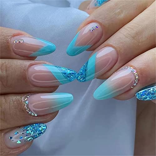 24 Stück Glitzer Blau French Fake Nail Full Cover Mandel Short Press on Nails with Glue for Women and Girls Nail Art Manicure Dekoration von Crazynekos