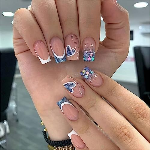 24 Stück Glitzer Blaue Herz Fake Nail French Medium Square Press on Nails Tips for Frauen and Girls Nail Art Manicure Decoratio von Crazynekos