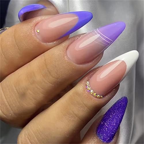 24 Stück Glitzer Blaue künstliche Nägel French Mandel Kurz Drücken Sie auf Nägel mit Kleber für Frauen und Mädchen Nail Art Maniküre Dekoration von Crazynekos