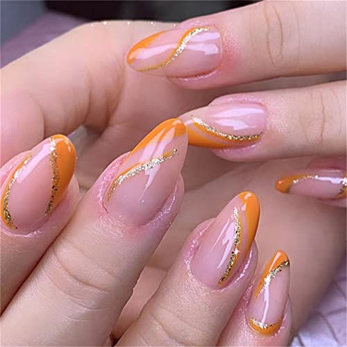 24 Stück Glitzer Orange French Fake Nail Mandel Kurz Drücken Sie Nägel mit Kleber für Frauen und Mädchen Nail Art Maniküre Dekoration von Crazynekos