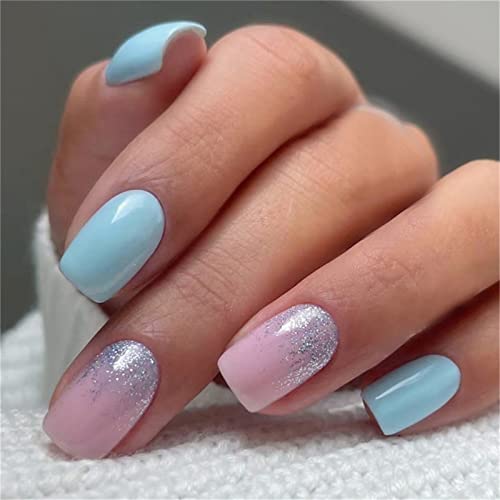 24 Stück Glitzer Pink Blau Künstliche Nägel Quadratisch Medium Press on Nails für Frauen und Mädchen Nail Art Maniküre Dekoration von Crazynekos