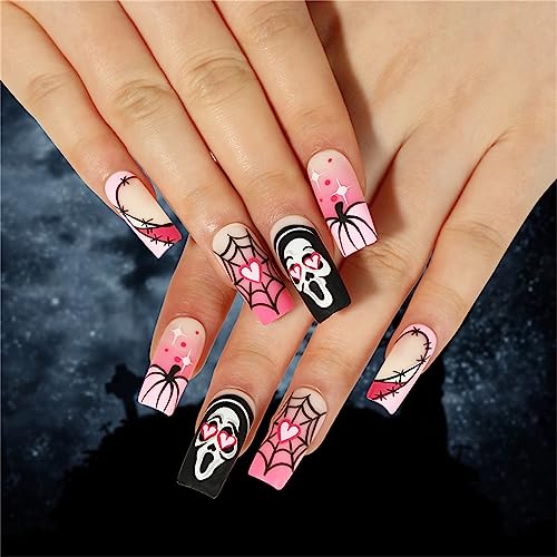 24 Stück Halloween rosa Farbverlauf Künstliche Nägel Lang Quadratisches Herz Spinnennetz Drücken Sie auf Nägel für Frauen und Mädchen Nagelkunst Maniküre Dekoration von Crazynekos