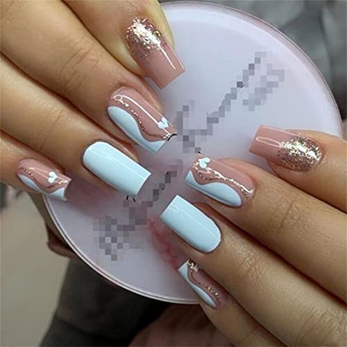 24 Stück Herz Fake Nail Glitter Blaue Quadratische Nägel Drücken Sie auf Nägel mit Kleber für Frauen und Mädchen Nail Art Maniküre Dekoration von Crazynekos