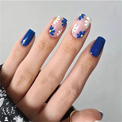 24 Stück Königsblaue, weiße Blumen, quadratische Nägel zum Andrücken mit Kleber für Frauen und Mädchen, Nagelkunst, Maniküre, Dekoration von Crazynekos