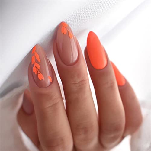 24 Stück Orange Blätter Künstliche Nägel French Mandel Kurz Drücken Sie auf Nägel mit Kleber für Frauen und Mädchen Nail Art Maniküre Dekoration von Crazynekos