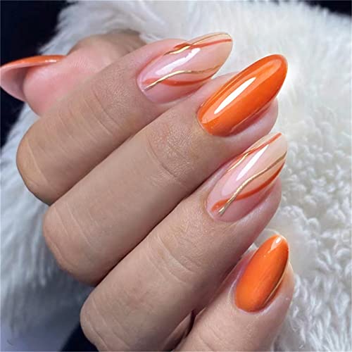 24 Stück Orange Waves Künstliche Nägel Mandel kurz drücken mit Kleber für Frauen und Mädchen Nagelkunst Maniküre Dekoration von Crazynekos