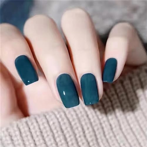 24 Stück Ozean-Deep Blue Farbe Künstliche Nägel Medium Quadrat Drücken Sie Nägel Tips für Frauen und Mädchen Nail Art Maniküre Dekoration von Crazynekos