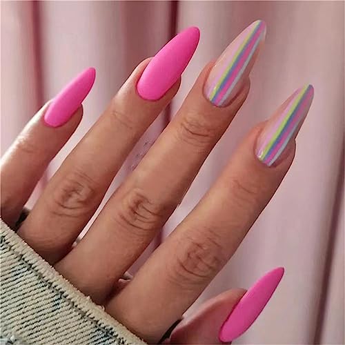 24 Stück Regenbogen-Linien, künstliche Nägel, Rose, kurz, Mandel, zum Aufdrücken für Frauen und Mädchen, Nagelkunst, Maniküre, Dekoration von Crazynekos