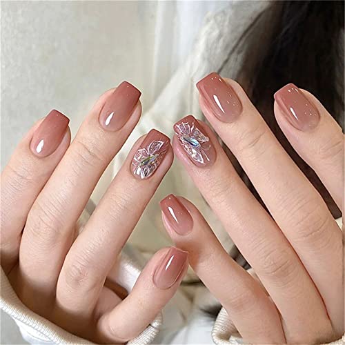 24 Stück Schmetterling Diamant Farbverlauf Fake Nail Full Cover Sarg Kurz Drücken Sie auf Nägel mit Kleber für Frauen und Mädchen Nail Art Maniküre Dekoration von Crazynekos