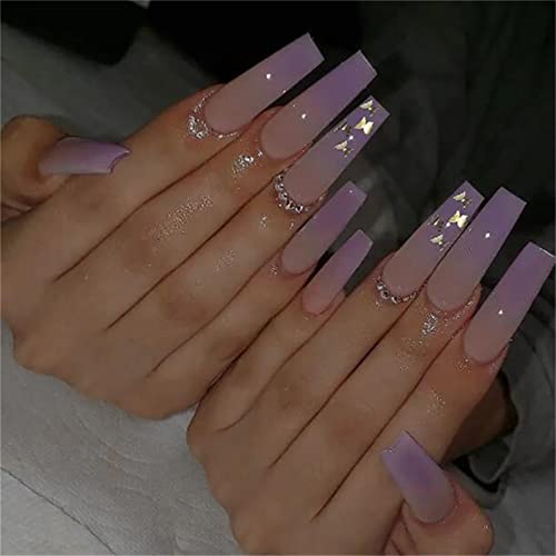 24 Stück Schmetterling Künstliche Nägel Vollabdeckung Glitzer Lila Sarg Lange Drücken Sie auf Nägel mit Kleber für Frauen und Mädchen Nail Art Maniküre Dekoration von Crazynekos