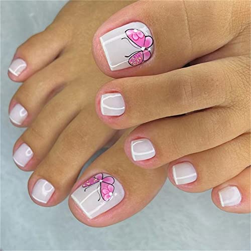 24 Stück Schmetterling Sommer weiße Zehen Fake Nägel Full Cover Kurze Quadrat Drücken Sie auf Nägel mit Kleber für Frauen und Mädchen Nail Art Maniküre Dekoration von Crazynekos