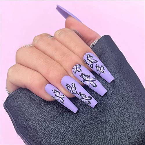 24 Stück Schmetterling lila Farbe Künstliche Nägel Full Cover Sarg Lange Drücken Sie auf Nägel mit Kleber für Frauen und Mädchen Nail Art Maniküre Dekoration von Crazynekos