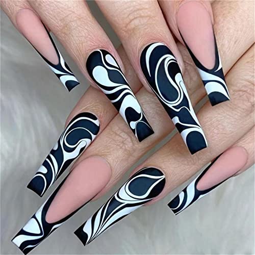 24 Stück Schwarz Weiß Künstliche Nägel Mandel Lange Drücken Sie auf Nägel mit Kleber für Frauen und Mädchen Nail Art Maniküre Dekoration von Crazynekos