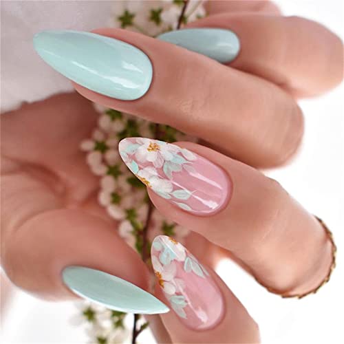 24 Stück Sommer Blumen Fake Nail Blue Mandel Kurz Press on Nägel mit Kleber für Frauen und Mädchen Nail Art Maniküre Dekoration von Crazynekos