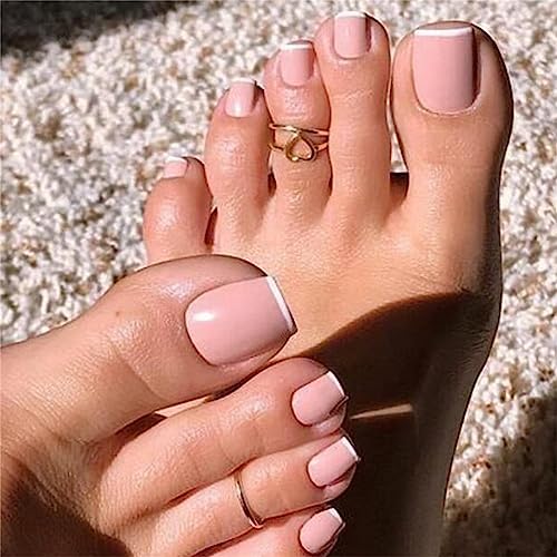 24 Stück Sommer French Pink Fake Nail Square Short Toe Press on Nails Tips for Frauen and Girls Nail Art Manicure Dekoration von Crazynekos