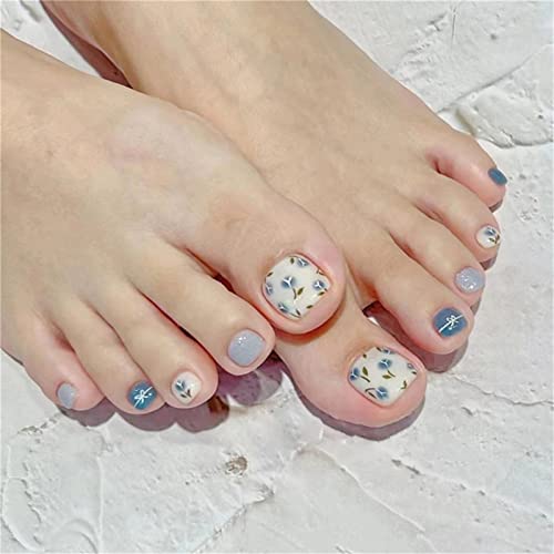 24 Stück Sommer Zehennägel Retro Blume Kurz Drücken Nägel mit Kleber für Frauen und Mädchen Nagelkunst Maniküre Dekoration von Crazynekos