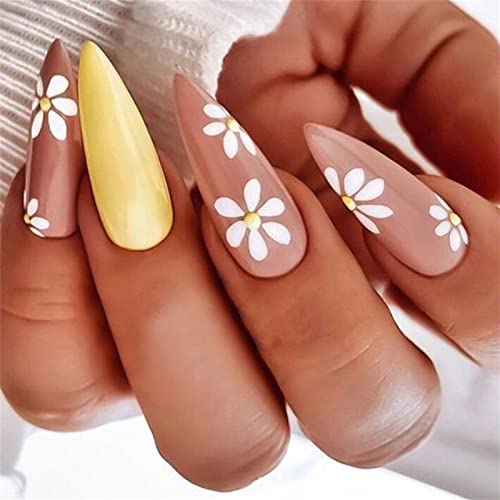 24 Stück Sommer gelbe Blumen Fake Nail Full Cover Mandel Kurz Drücken Sie auf Nägel mit Kleber für Frauen und Mädchen Nail Art Maniküre Dekoration von Crazynekos