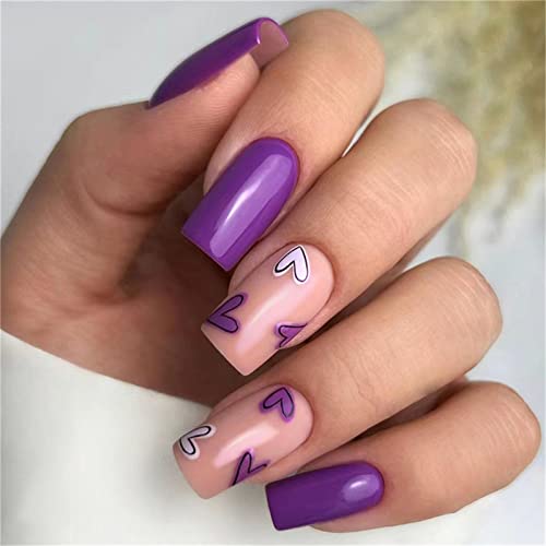 24 Stück Valentinstag Herz Fake Nail Full Cover Violett Quadratisch Medium Press on Nails with Glue for Frauen and Girls Nail Art Manicure Dekoration von Crazynekos