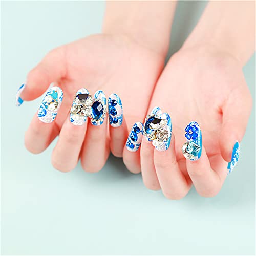 24 Stück blaue Diamant-Blumen-Kunstnägel, kurze Mandel-Braut, zum Andrücken auf Nägel für Frauen und Mädchen, Nagelkunst, Maniküre, Dekoration von Crazynekos