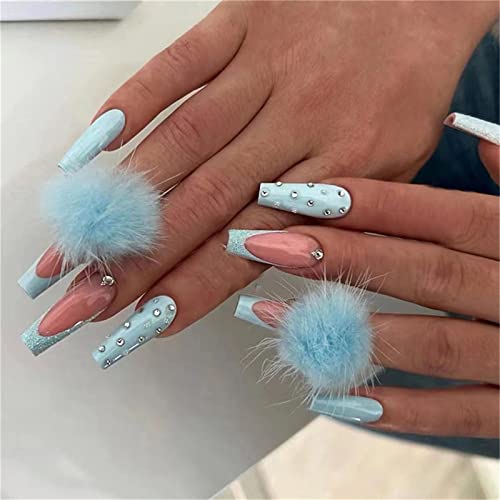 24 Stück blaue Haarbälle, künstliche Nägel, französischer Sarg, zum Aufdrücken auf Nägel, für Frauen und Mädchen, Nagelkunst, Maniküre, Dekoration von Crazynekos