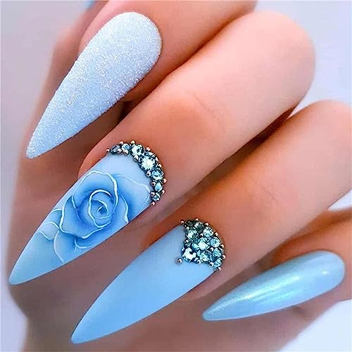 24 Stück blaue Rose Glitzer Künstliche Nägel Medium Mandel Press on Nails Tips für Frauen und Mädchen Nail Art Maniküre Dekoration von Crazynekos