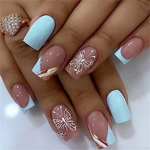 24 Stück blaue französische Schmetterlinge Künstliche Nägel Quadratisch Medium Press on Nägel mit Kleber für Frauen und Mädchen Nail Art Maniküre Dekoration von Crazynekos