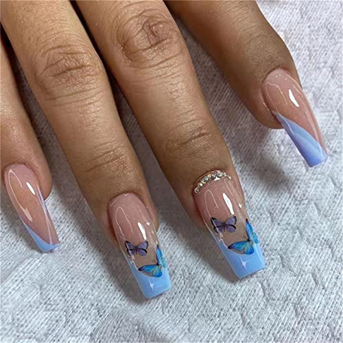 24 Stück blaue französische Schmetterlinge Künstliche Nägel Sarg Lange Drücken Sie auf Nägel mit Kleber für Frauen und Mädchen Nail Art Maniküre Dekoration von Crazynekos