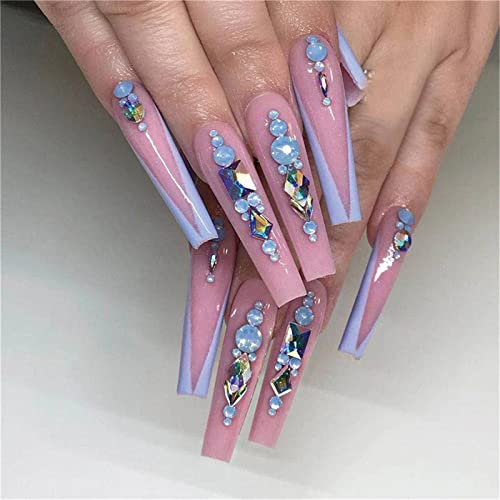 24 Stück blaue französische Strasssteine Fake Nail Full Cover Coffin Long Press on Nails with Kleber for Frauen and Mädchen Nail Art Manicure Dekoration von Crazynekos