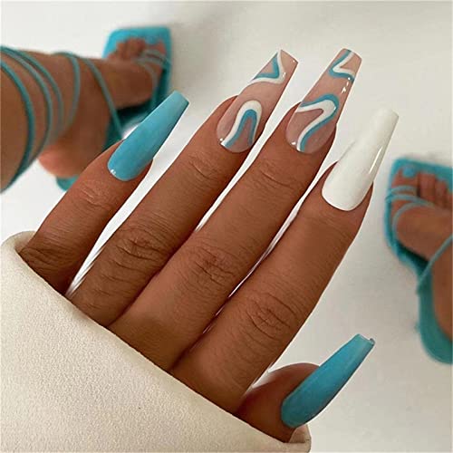 24 Stück blaue weiße Linien, lange Ballerina-Nägel, zum Aufdrücken von Nägeln für Frauen und Mädchen, Nagelkunst, Maniküre, Dekoration von Crazynekos