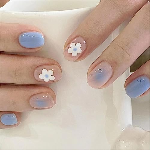 24 Stück blühende blaue Blumen Künstliche Nägel Quadratisch Kurz Drücken Nägel Tips für Frauen und Mädchen Nail Art Maniküre Dekoration von Crazynekos