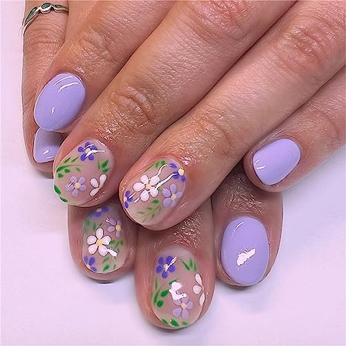 24 Stück bunte Blumen-Kunstnägel, Violett, kurze Mandeln, zum Aufdrücken für Frauen und Mädchen, Nagelkunst, Maniküre, Dekoration von Crazynekos