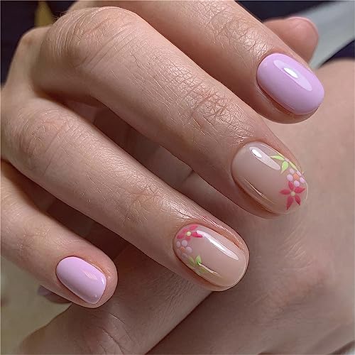 24 Stück bunte Blumen künstliche Nägel Sommer lila kurz zum Aufdrücken auf Nägel Tipps für Frauen und Mädchen Nagelkunst Maniküre Dekoration von Crazynekos