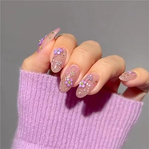 24 Stück lila Blumen Künstliche Nägel Kurze Mandel Glitzer Pressen Nägel Tips für Frauen und Mädchen Nail Art Maniküre Dekoration von Crazynekos