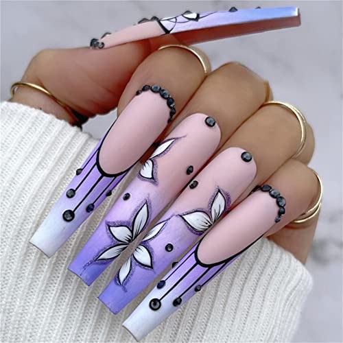 24 Stück lila Farbverlauf Blumen Fake Nail Coffin Lange Press on Nails mit Kleber für Frauen und Mädchen Nail Art Maniküre Dekoration von Crazynekos