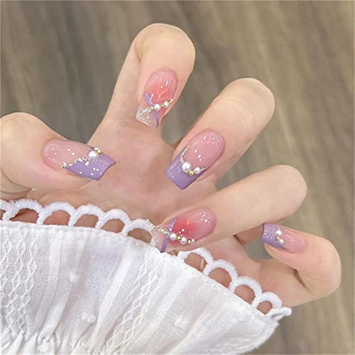 24 Stück lila French Fake Nail Coffin Long Press on Nails with Kleber for Frauen and Mädchen Nail Art Manicure Dekoration von Crazynekos